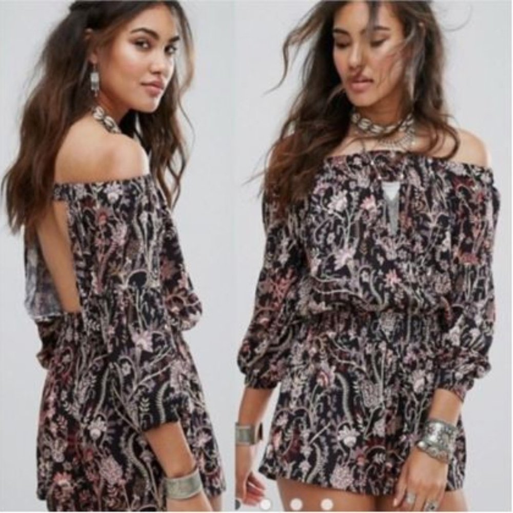 FREE PEOPLE Pretty & Free black floral open back off shoulder boho romper